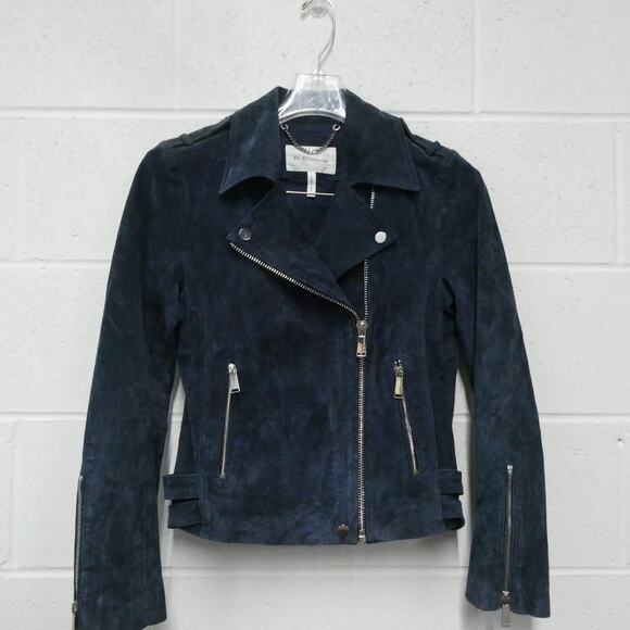 BcBGeneration women's XS navy blue suede leather moto Jacket zipper‎ cuff - Picture 2 of 10